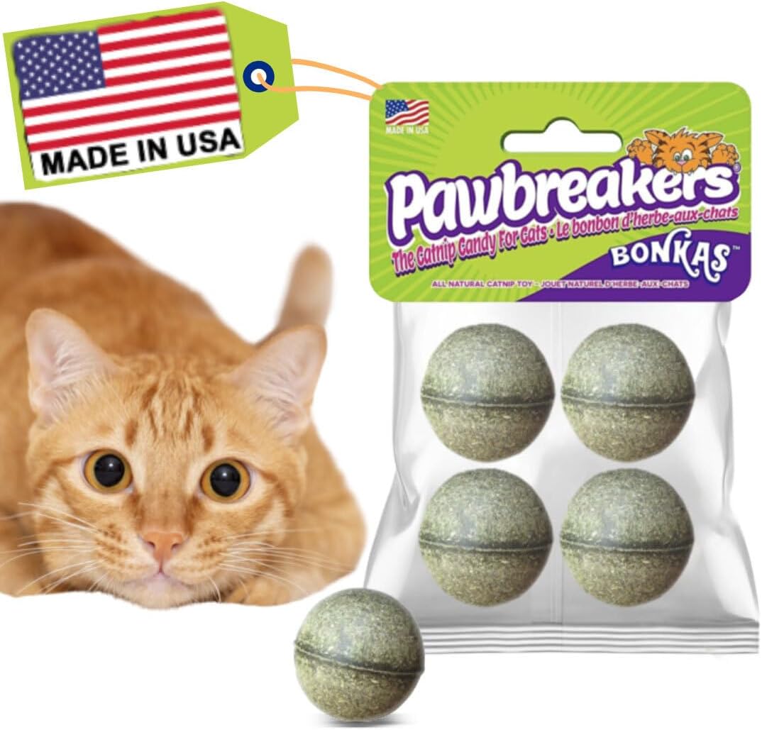 Pawbreakers 4 bolas de hierba gatera Bonkas – juguetes y golosinas naturales para gatos, hierba gatera de grado médico, segura y digerible, hipoalergénica y vegana – 1/2 oz, 1.25 pulgadas de diámetro, fabricado en Estados Unidos