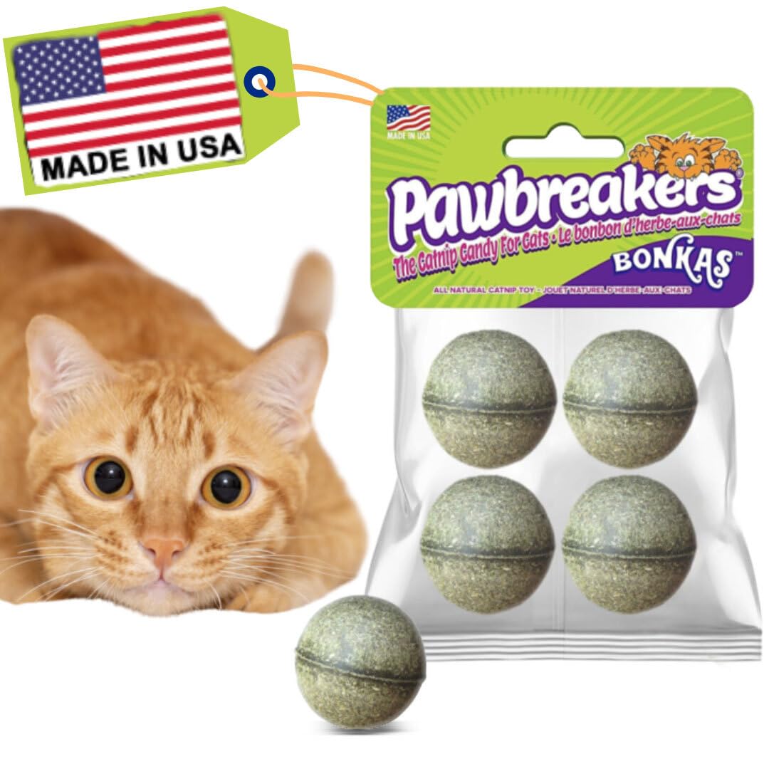 Pawbreakers 4 Bonkas Catnip Balls - All Natural Cat Treats & Toys, Medical Grade Catnip, Safe & Digestible, Hypoallergenic & Vegan - 1/2 oz, 1.25 Inch