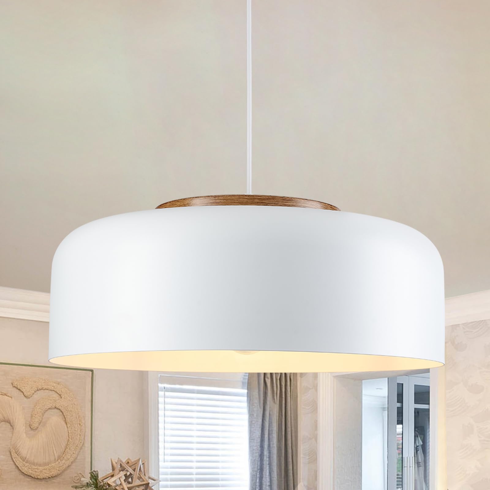 Photo 1 of Large Pendant Lights, 17.7 Inch Modern Chandeliers for Dining Room, White Metal Hanging Pendant Light Fixtures with Wood Grain Accent for Kitchen Island, Bar, Foyer