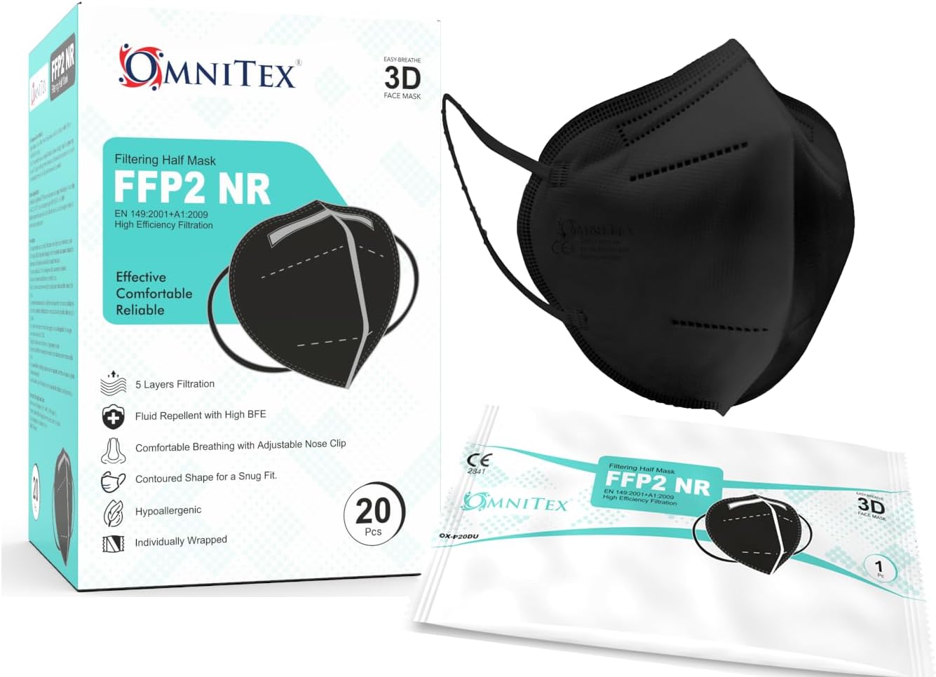 Omnitex FFP2 Black Face Mask - Box of 20, Individually Wrapped | High Filtration - 5 Layers | EN149 CE Certified | Hypoallergenic | Fluid Resistant | Adaptable Nose Bridge