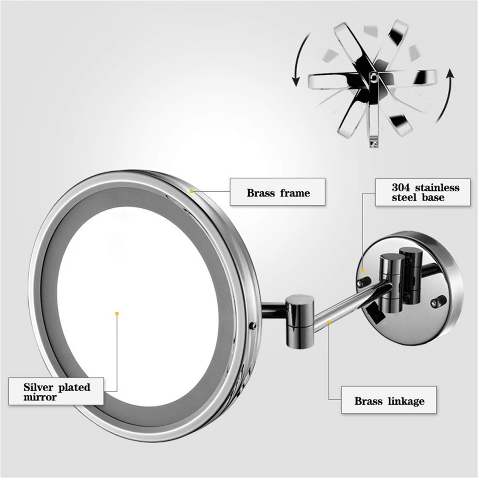 Una Sola Cara LED Cuarto de baño Espejo de baño, de Pared Espejo para afeitarse, Plegable Espejo de Maquillaje de iluminación, Espejo de Aumento 3X, para Baño,Silver
