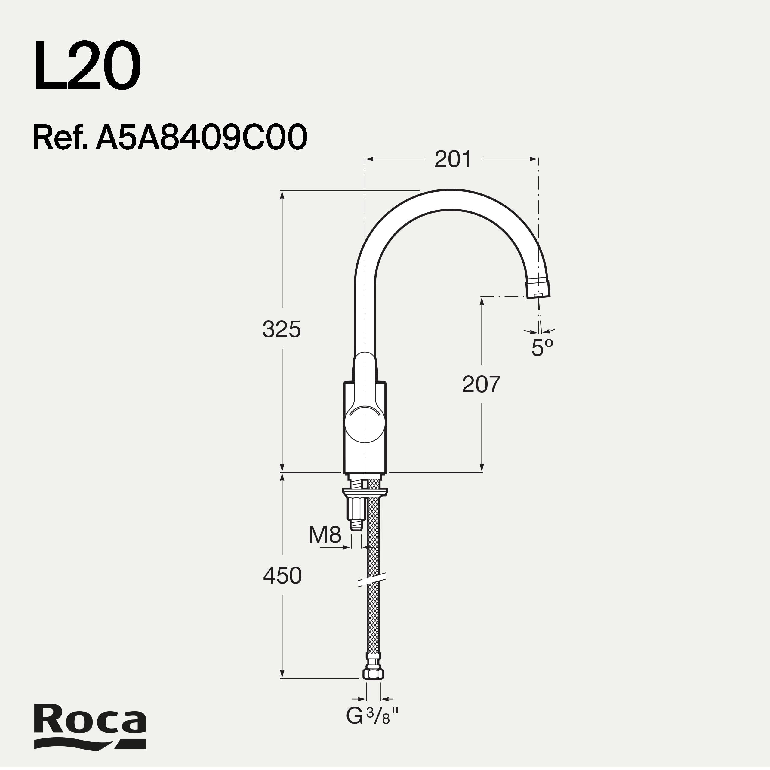 Roca,L20,Grifería monomando para cocina con caño giratorio, Cold Start,A5A8409C00