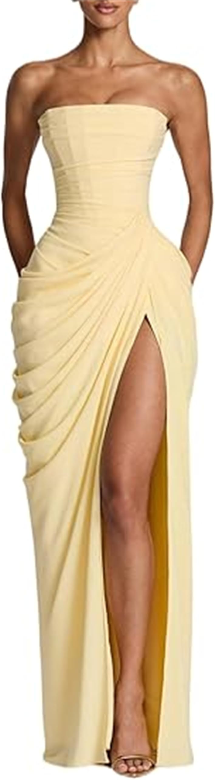 Maxi abito in chiffon con lacci sul retro asimmetrico senza spalline e spacco, abito lungo increspato giallo primavera estate con incrocio frontale