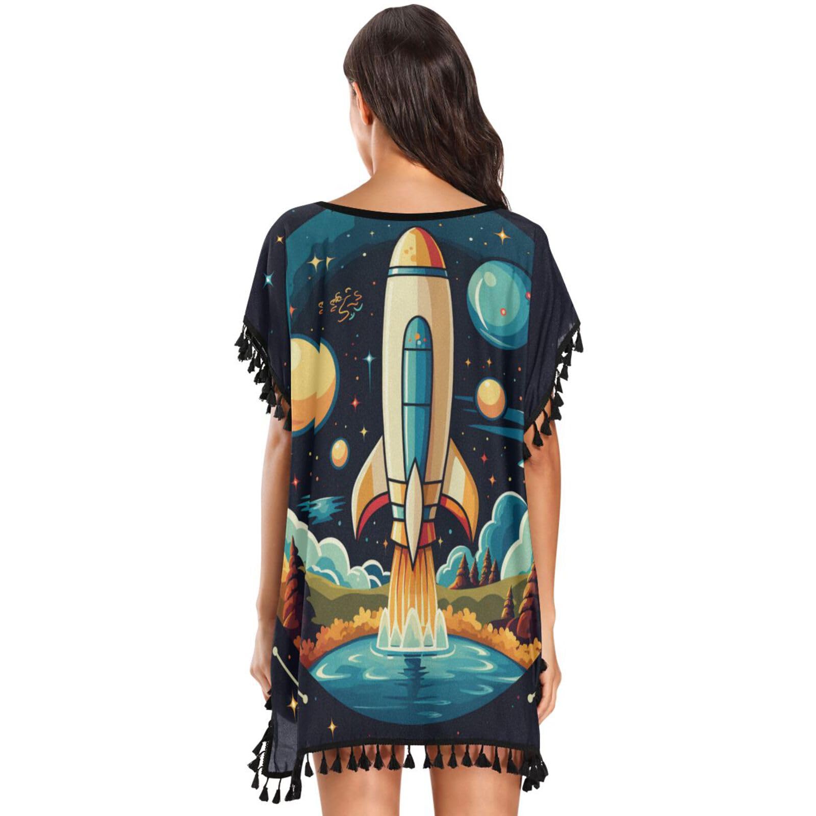 KAAVIYO Lake Space Rocket Blue Planets Women's Beach Cover Up Chiffon Tassel Swimwear Swimsuit Coverups for Girl