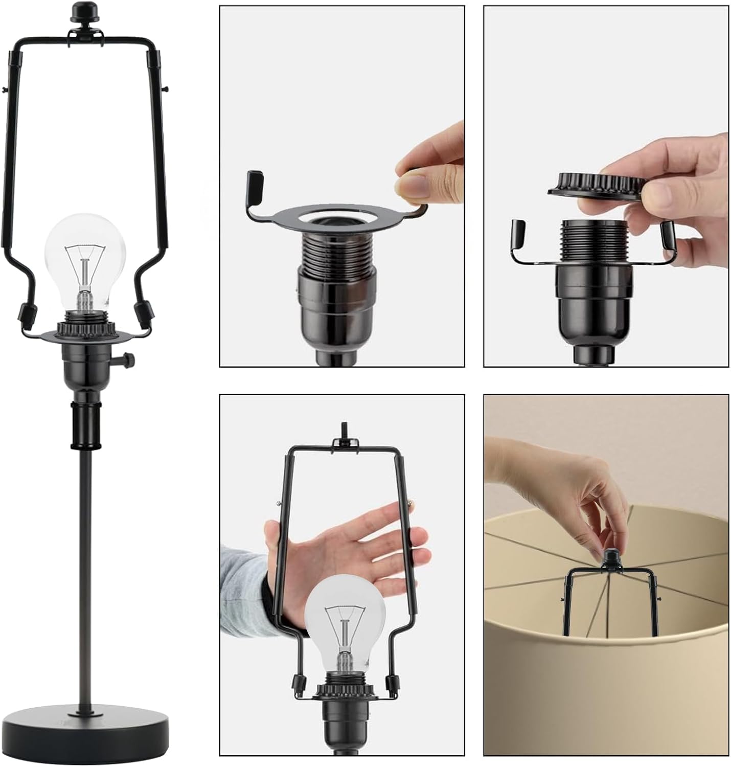 Antrader 7 8 9 10 Inch Lamp Shade Harp Holder,Adjustable Lamp Harp Kit,2 Sets Lamp Shade Harp and 3/8 inch Standard Saddle E14 E26 E27 Light Base UNO Fitter Adapter Converter Finial Set (Black)