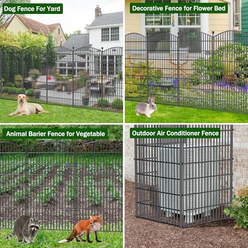 Image of 10 Panels No Dig Decorative Garden Fence with Gate - 48 in (H) x 22.6 ft (L), Dog Fence Outdoor for Yard, Rustproof Metal Animal Barrier Ground Stakes Fencing for Garden, Patio, Flower Bed