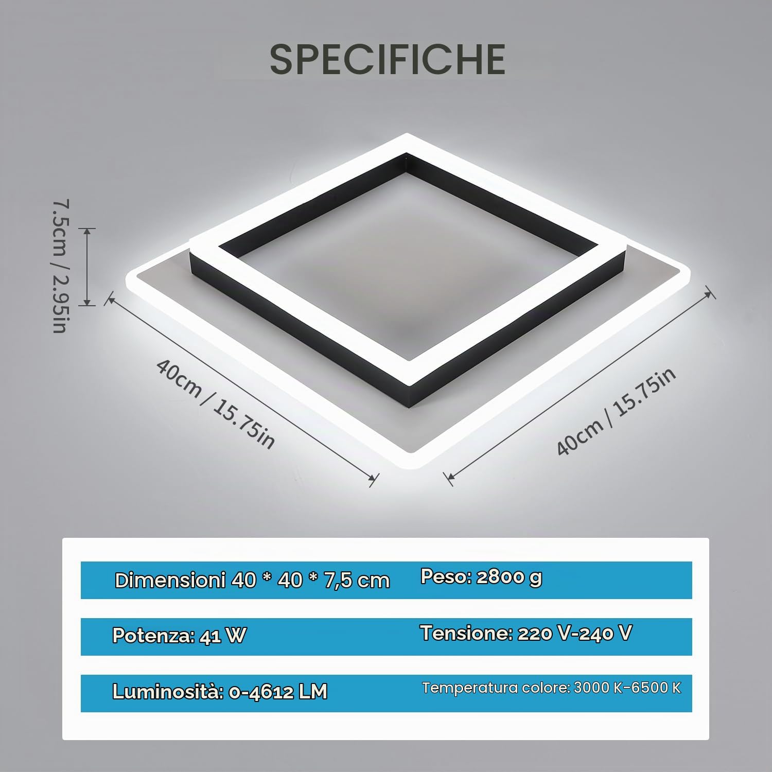 Goeco Plafoniera LED Soffitto Dimmerabile 41W 40CM, Bianco+Nero | Lampada da Soffitto Quadrata Con Telecomando 3000K-6500K Plafoniera Moderno in Acrilico per Camera da Letto Soggiorno Cucina