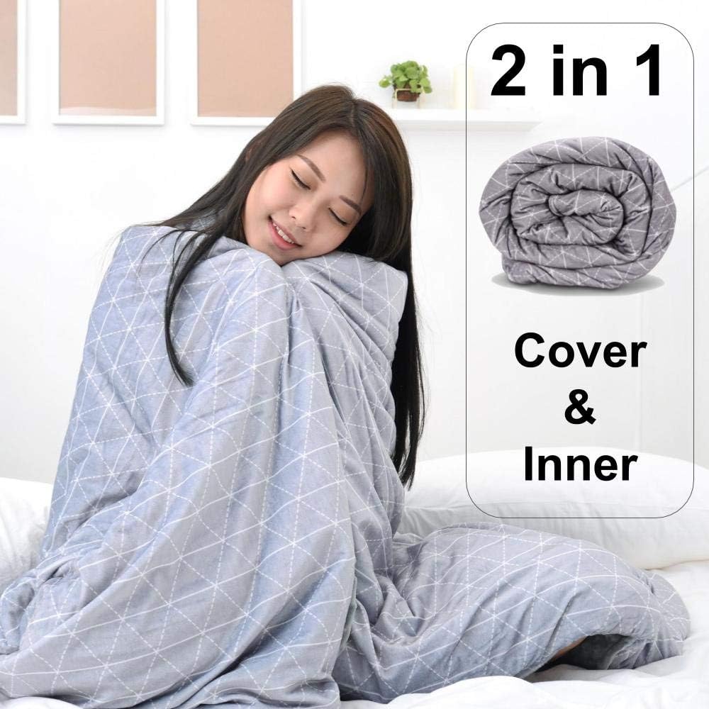 rocabi Weighted Blanket for Adults Queen Size Luxury Set (15 lbs, 60"x80") Includes Plush Minky Removable Cover & Heavy Glass Beads for Calming Sleep
