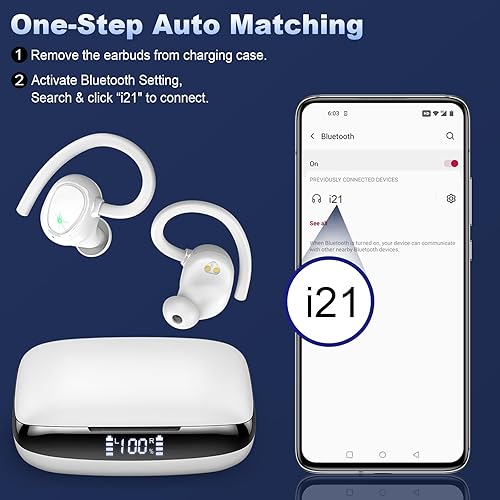 Miniatura 6 de Auriculares inalámbricos, auriculares Bluetooth 5.3 de 48 horas sobre la oreja IP7 impermeables, deportivos inalámbricos en el oído con pantalla LED
