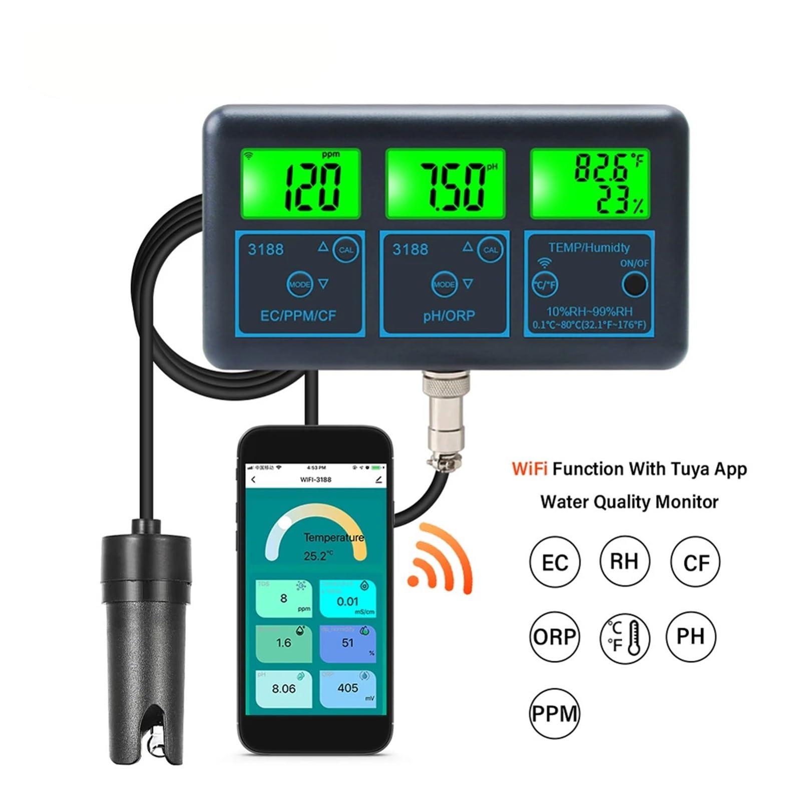 Tuya WiFi 7in1/8in1 Testeur De Qualité De l'eau PH/ORP/EC/PPM/CF/humidité/température Analyseur d'eau Piscine D'aquaculture Mesure PréCise(7 in 1)