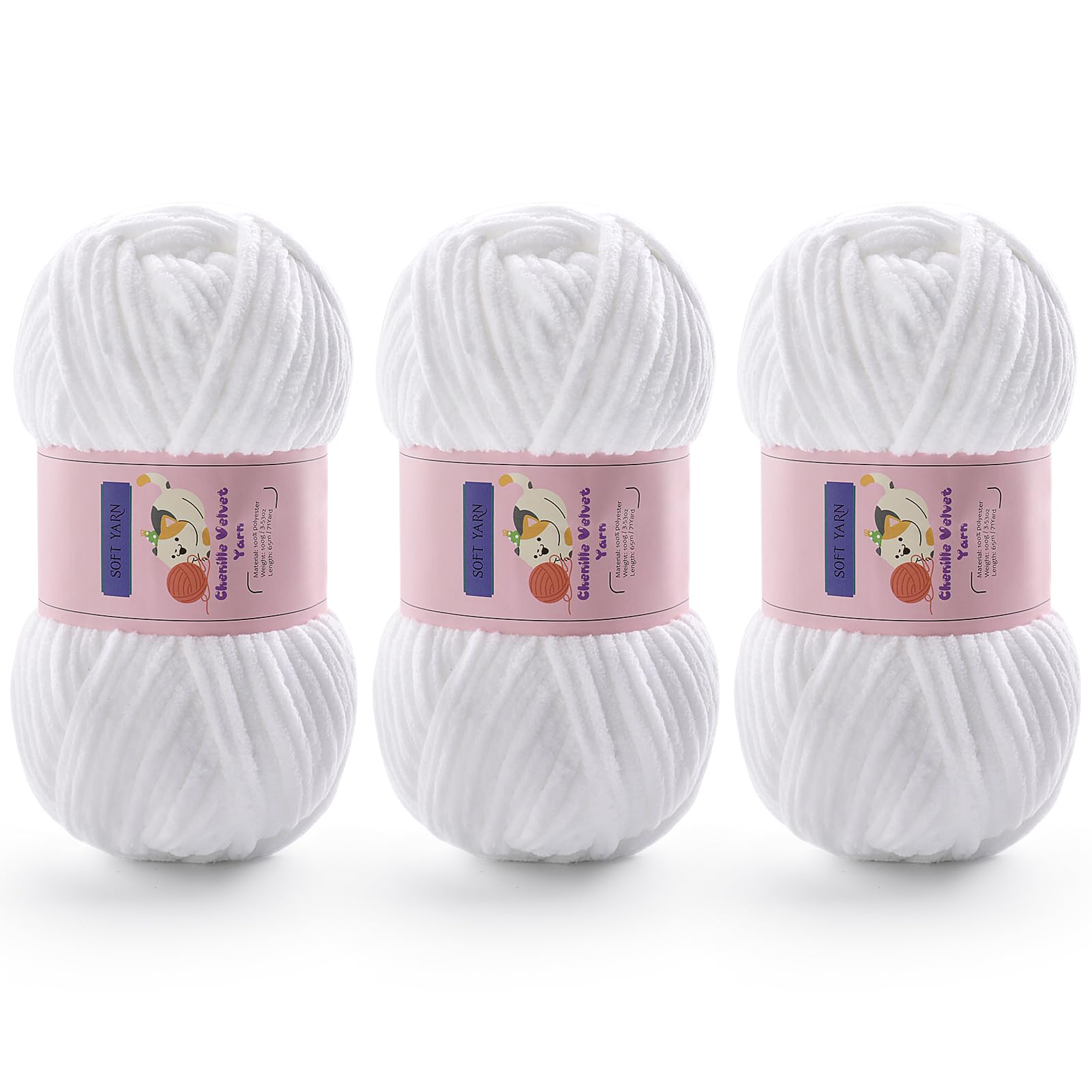 Chunky Chenille Yarn for Crocheting, #6 White Baby Blanket Yarn for Crochet
