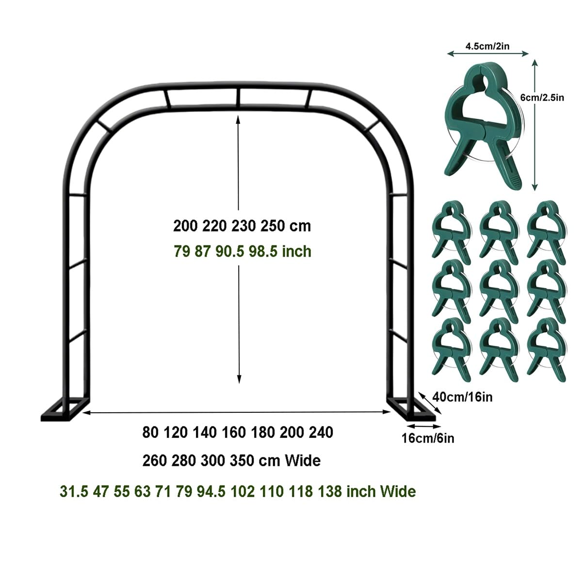 Gartenbogen Rankhilfe für Kletterrosen & Clematis Metall Pflanzenstütze mit Sockel & 10 Pflanzenclips Spalier B350 x H250 x T40 cm
