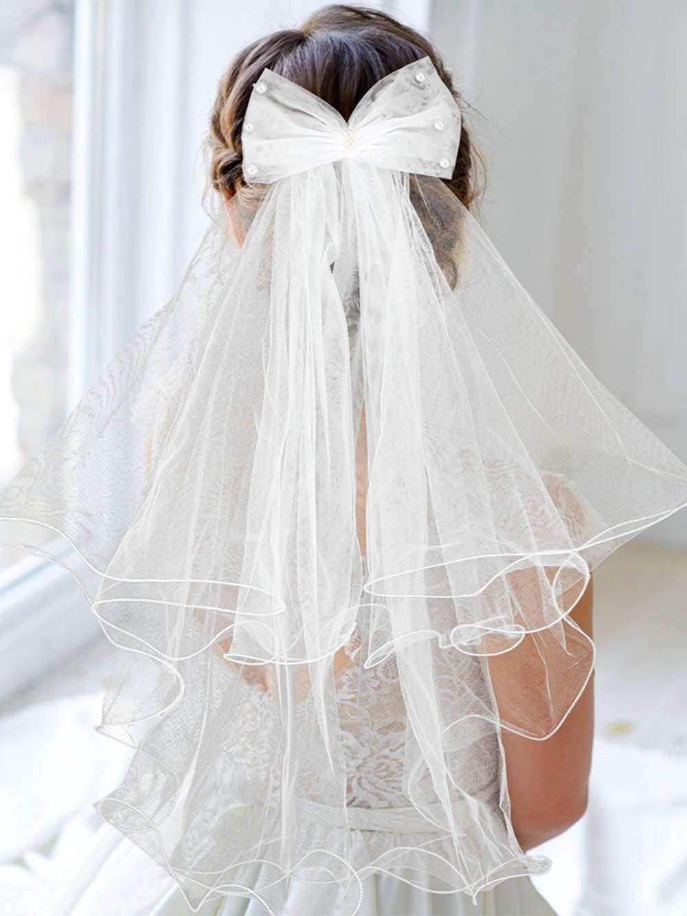 Foyte Velo corto con fiocco bianco da sposa velo in tulle con bordo increspato velo corto velo per addio al nubilato decorazioni per donne e spose