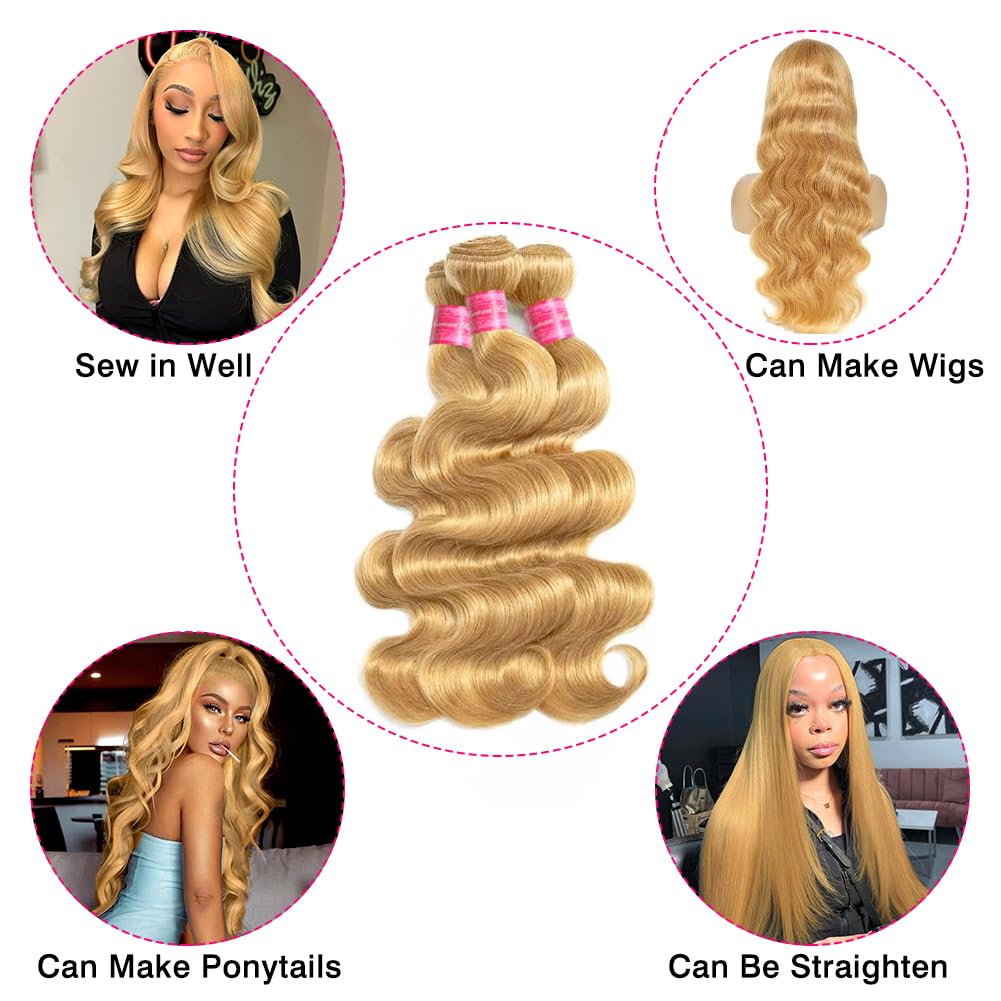 Blonde Human Hair Bundles Honey Blonde Body Wave 3 Bundles Brazilian Virgin Remy Hair Weave #27 Colored Body Wave Human Hair Weft for Black Women(26 28 30 Inch)