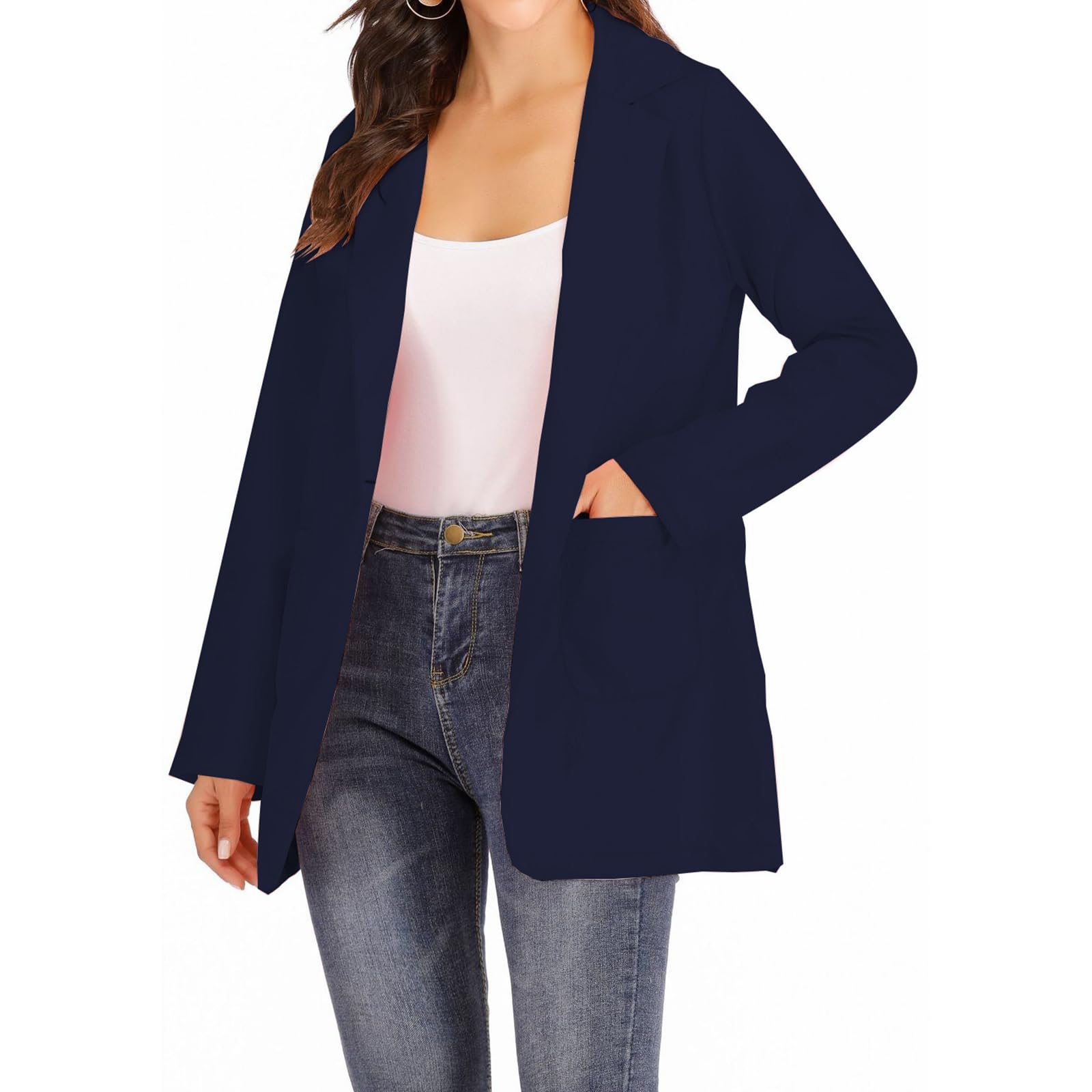 Womens Spring Long Blazer Jackets Long Sleeve Lapel Pockets Loose Fit Casual Blazers Outerwear for Women