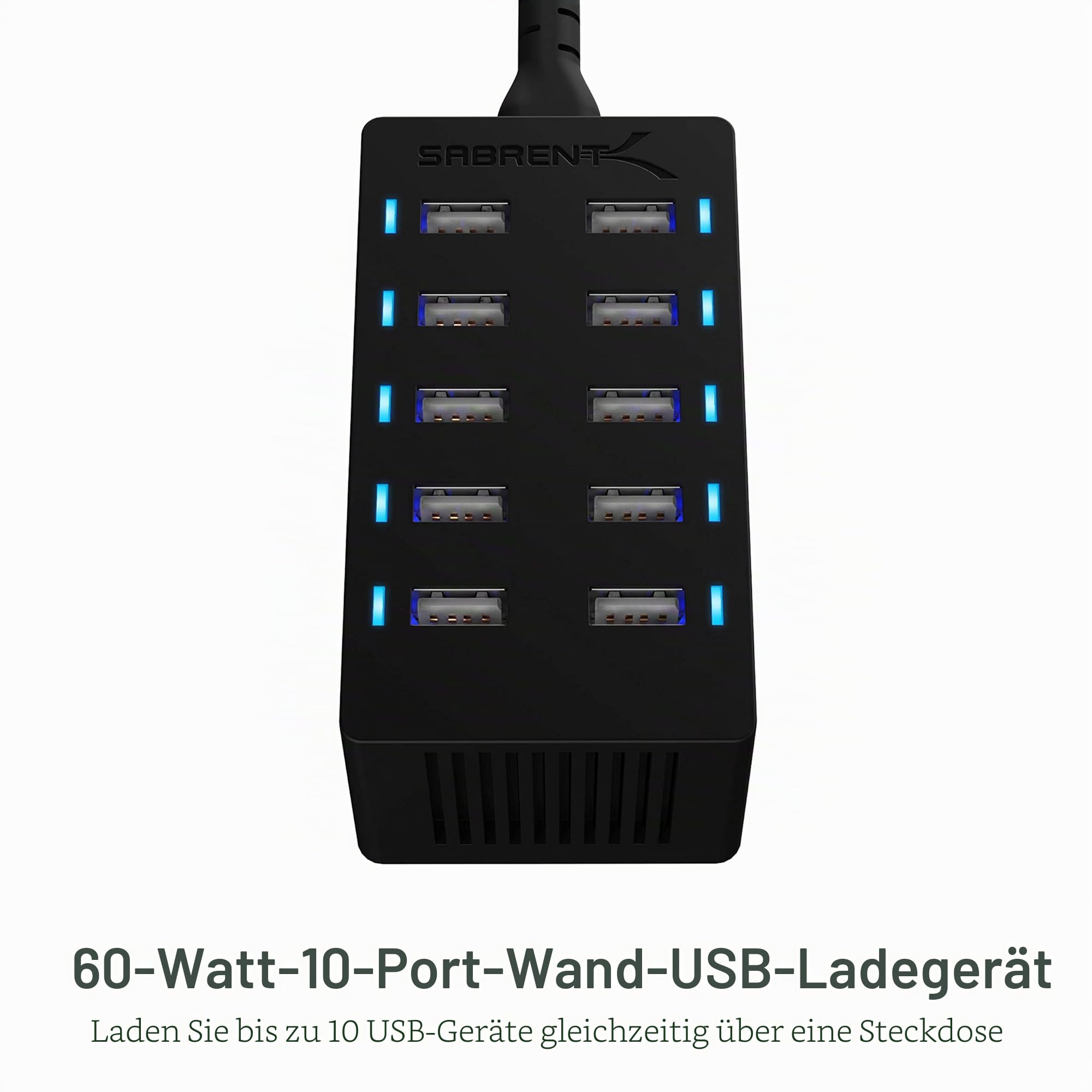 SABRENT USB Ladegerät, 60Watt 10ports USB-Schnellladegerät Ladestation Mehrfach, mit Netzteil, Ladestation für MacBook, USB-C Laptops, Nexus, iPhone, Samsung Galaxy (AX-TPCS)