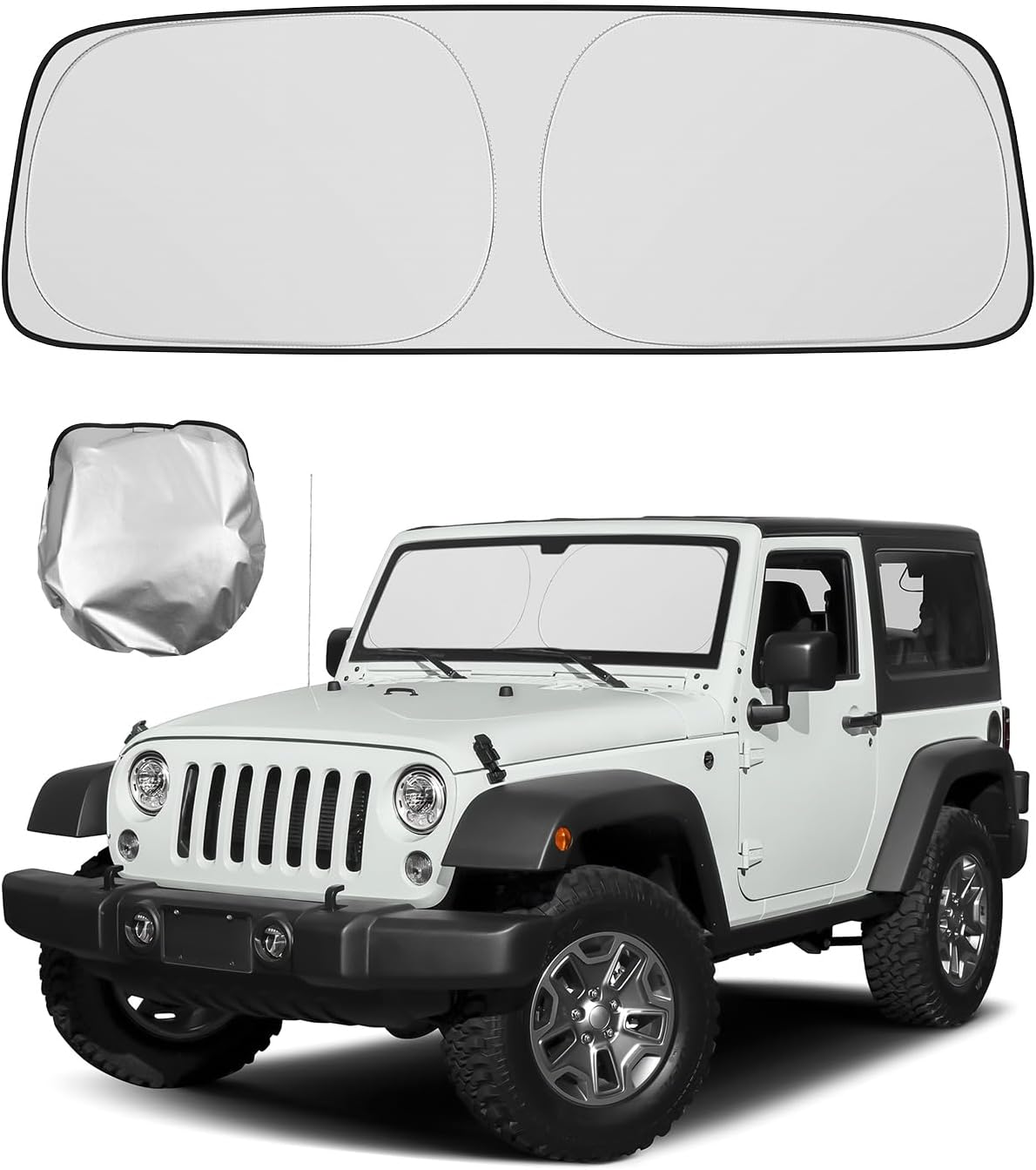 BIBLOZ Windshield Sun Shade for Jeep Wrangler TJ JK JL & 2020-2025 2026 Jeep Gladiator Foldable Accessories with Storage Pouch PET Reflective Material Sunshade Keeps The Car Cool Inside image 2