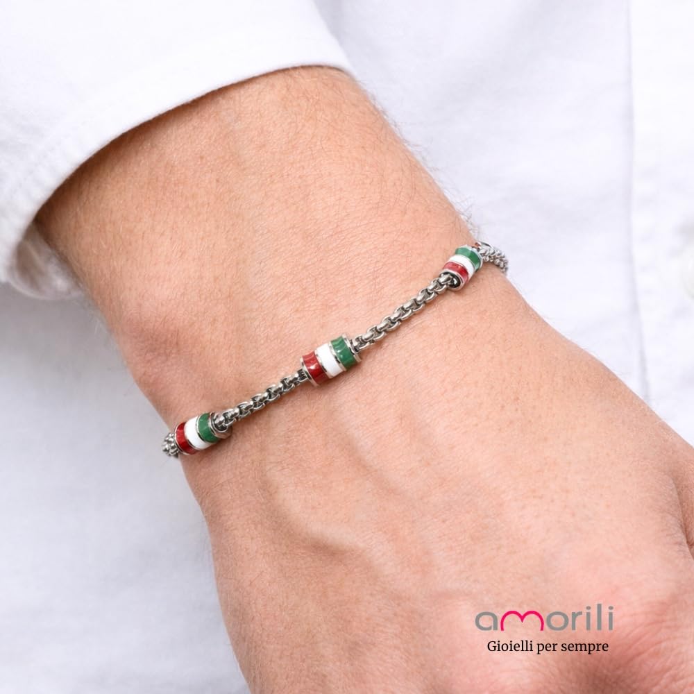 Bracciale Italia Uomo in Acciaio Inox con Bandiera Italiana – Smalti Tricolore Nazionale – Gioiello Maschile Patriottico – Idea Regalo Uomo