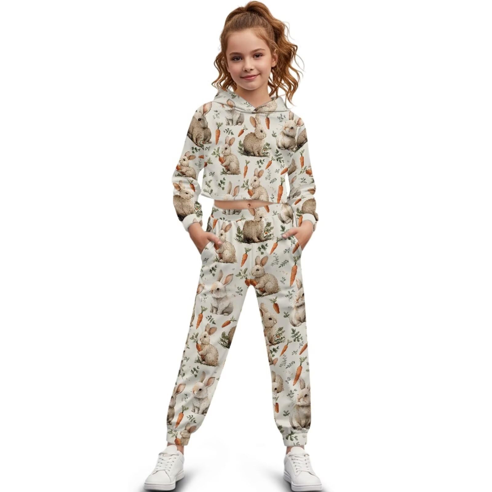 Mädchen-Outfits, 2-teiliges Outfit, bauchfreies Top, Sweatshirt und Sweathose, Sportbekleidung für Kinder 32-48