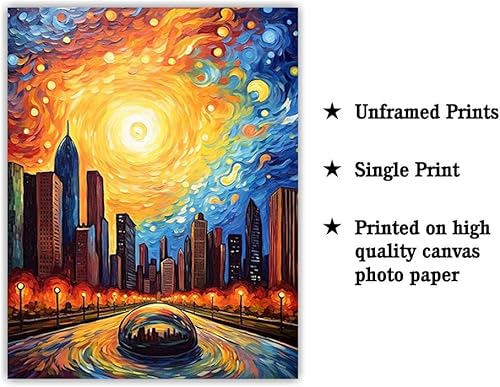 Miniatura 2 de Bestbuddy Pet 11 x 14 sin marco noche estrellada Chicago hito icónico estatua escultura famosa atracción turística gira mundial pintura al óleo