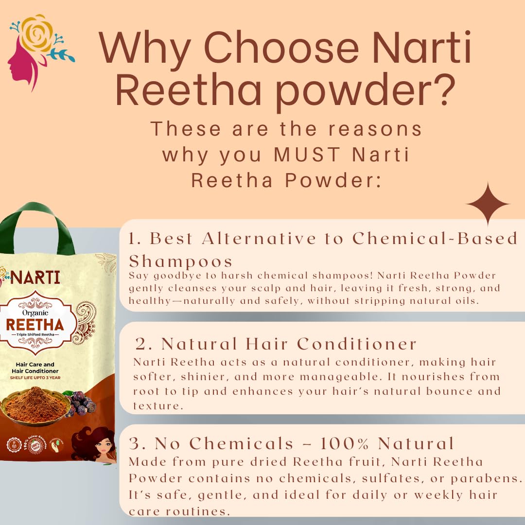 NARTI Reetha Powder 300gm – Natural Soap Nut for Hair Growth, Anti-Dandruff, Conditioner & Shine | Chemical-Free Alternative Shampoo for Healthy Scalp 4