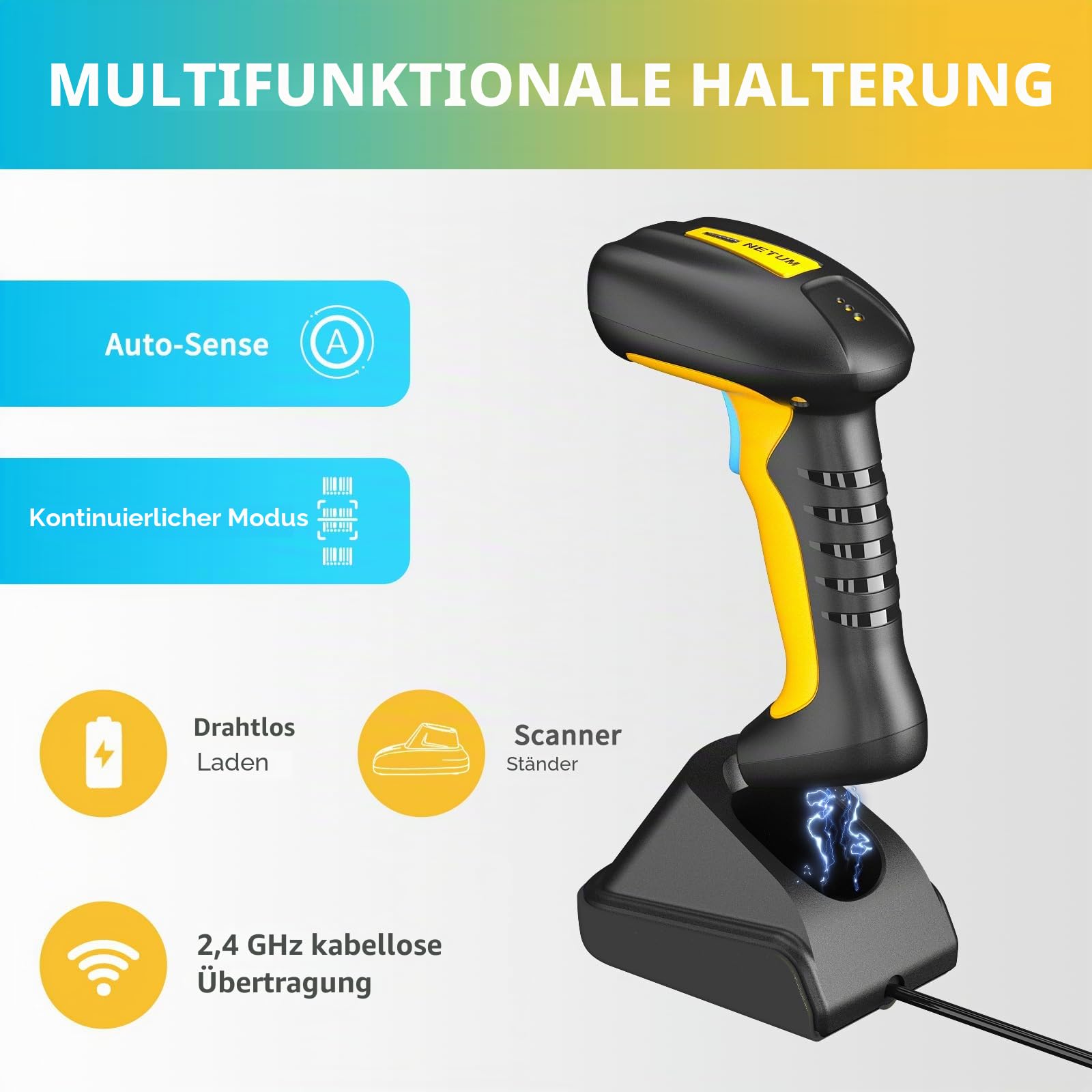NETUM Industrie QR Barcode Scanner Bluetooth mit Dockingstation, 1D/2D Kabelloser Scanner, 2600mAh Akku, Stoßfest Staubdicht, Freihändig, Kompatibel mit Windows, Mac, Android und iOS (RD-1200)