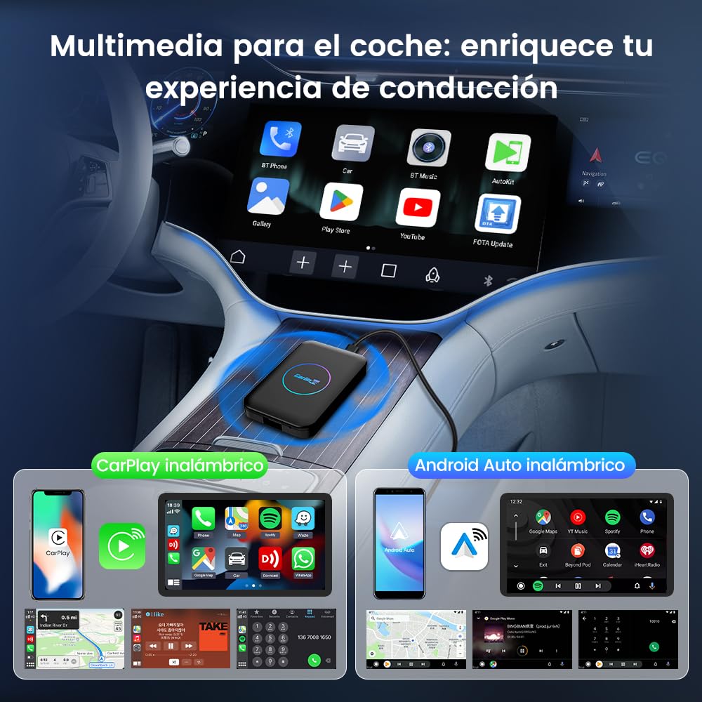 Adaptador 3en1 CarlinKit AIBOX-Lite，Soporta Sistema Android/CarPlay inalámbrico y función de Pantalla de Salida inalámbrica Android Auto/HD,Trae visualización de vídeo como Youtube,Netflix.