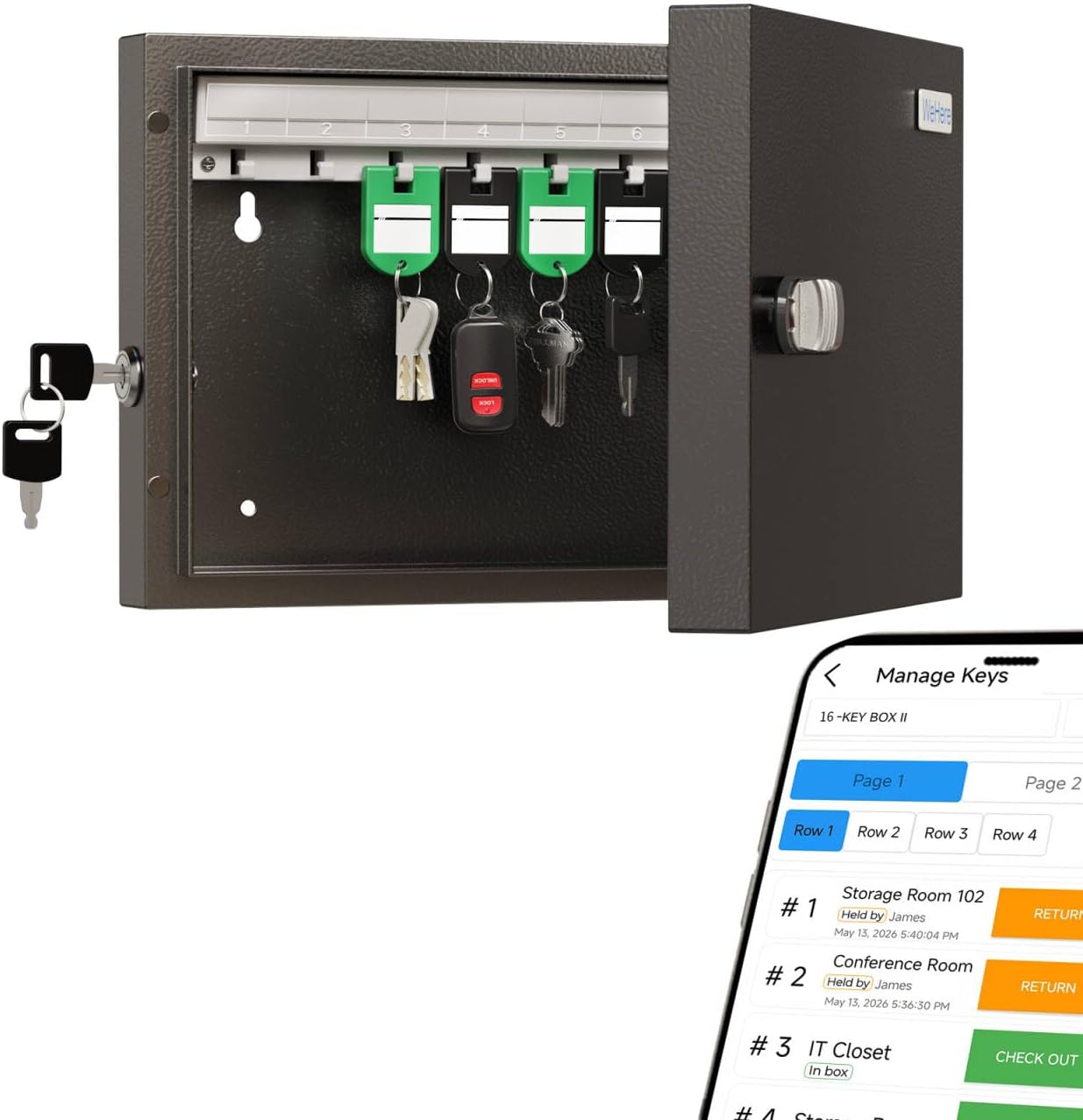 WeHere 16 Key Lock Box, Key Cabinet with Key Management App (Track Key Borrow/Return), 3-Digit Combination Lock & Backup Key, Wall Mount Key Holder Organizer Box for Home, Small Office, Rental