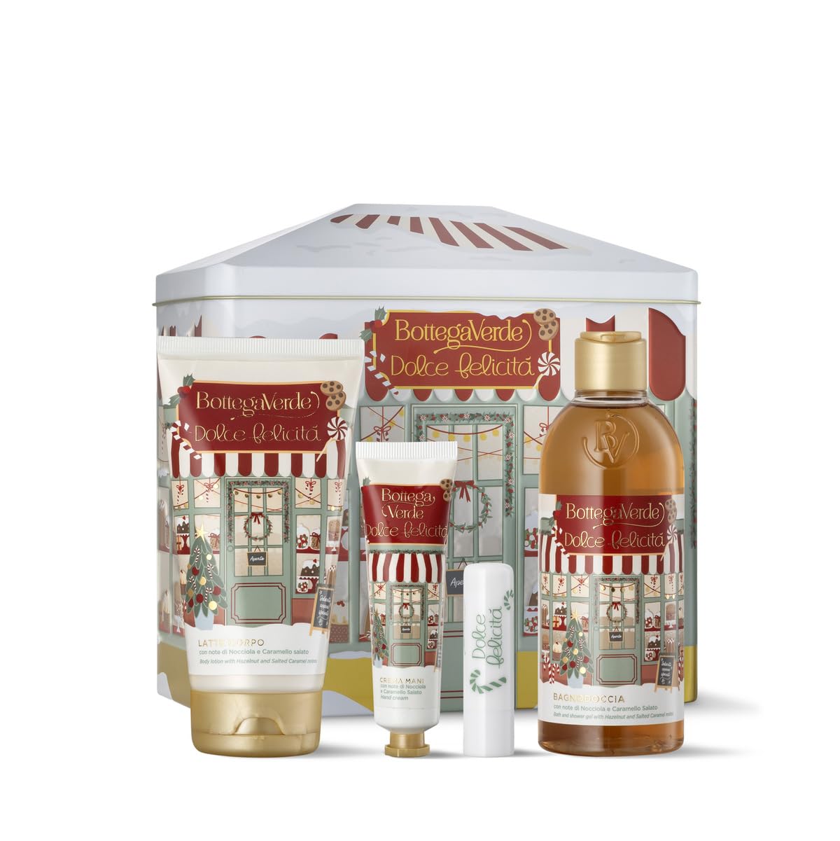 Bottega Verde - Cofanetto Regalo Dolce Felicità, con Bagnodoccia 250 ml, Latte Corpo 150 ml, Crema Mani 30 ml, Balsamo Labbra, Fragranze di Nocciola e Caramello Salato