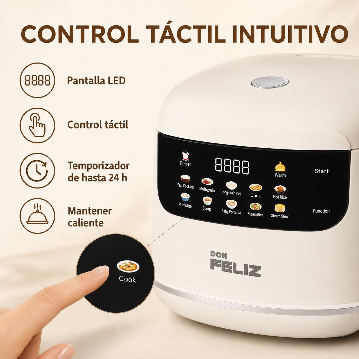 Don Feliz Arrocera Eléctrica 2 L para 1-4 Personas, Olla Arrocera Digital con 10 Programas, Cesta Vaporera, Temporizador 24 h, Mantener Caliente y Recipiente Antiadherente