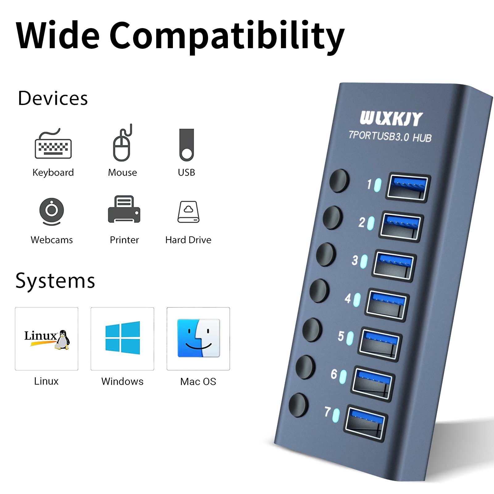 WLXKJY Hub USB 3.0 in alluminio, hub USB attivo - 7 porte USB 3.0 SuperSpeed, interruttori individuali e alimentatore da 36 W (12 V/3 A) per MacBook/MacBook Air/MacBook PRO