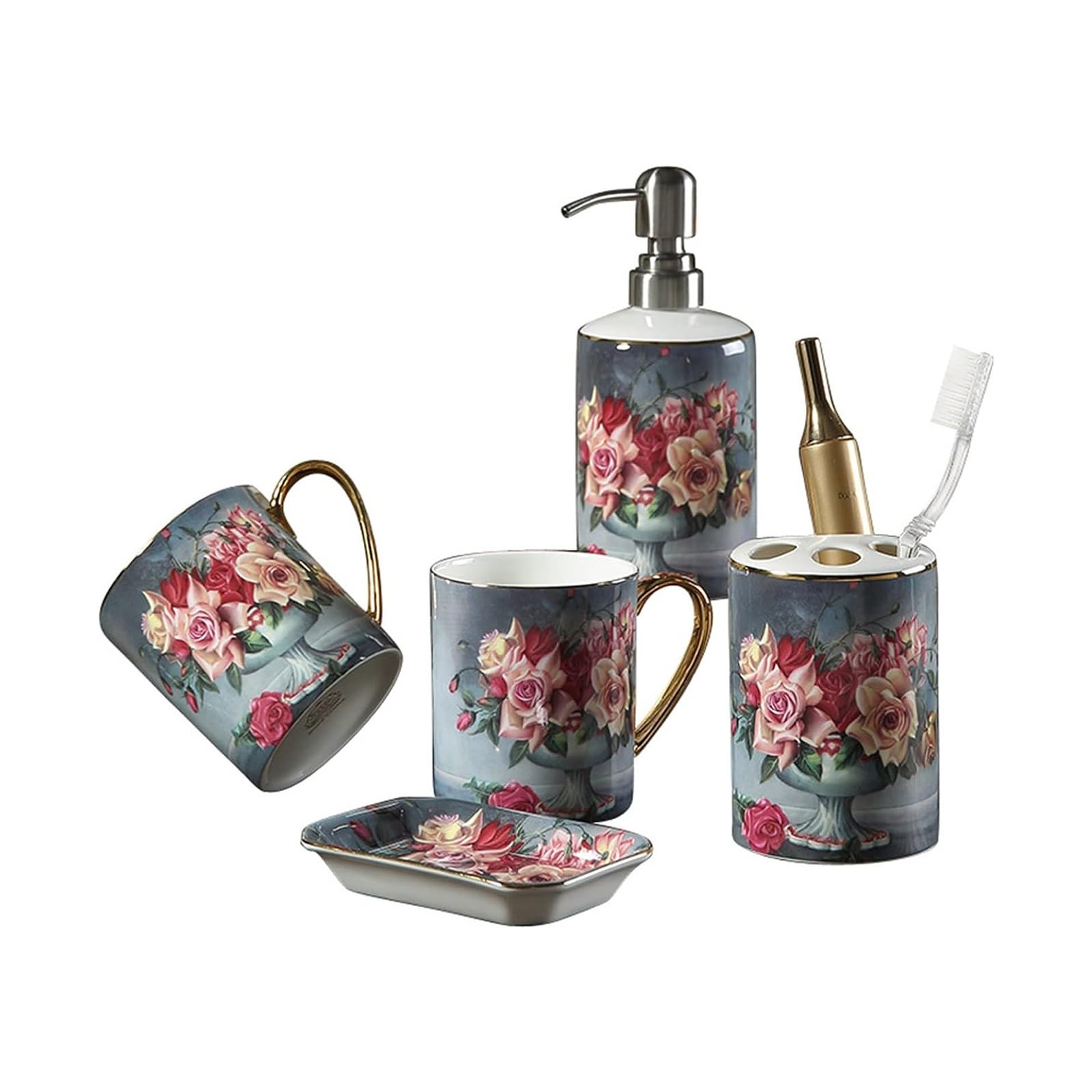 5-teiliges Badezimmer-Zubehör-Set aus Keramik, klassische Rose, handbemalt, inkl. Lotionspender, Zahnbürstenhalter, 2 Mundspülbecher, Seifenschalen