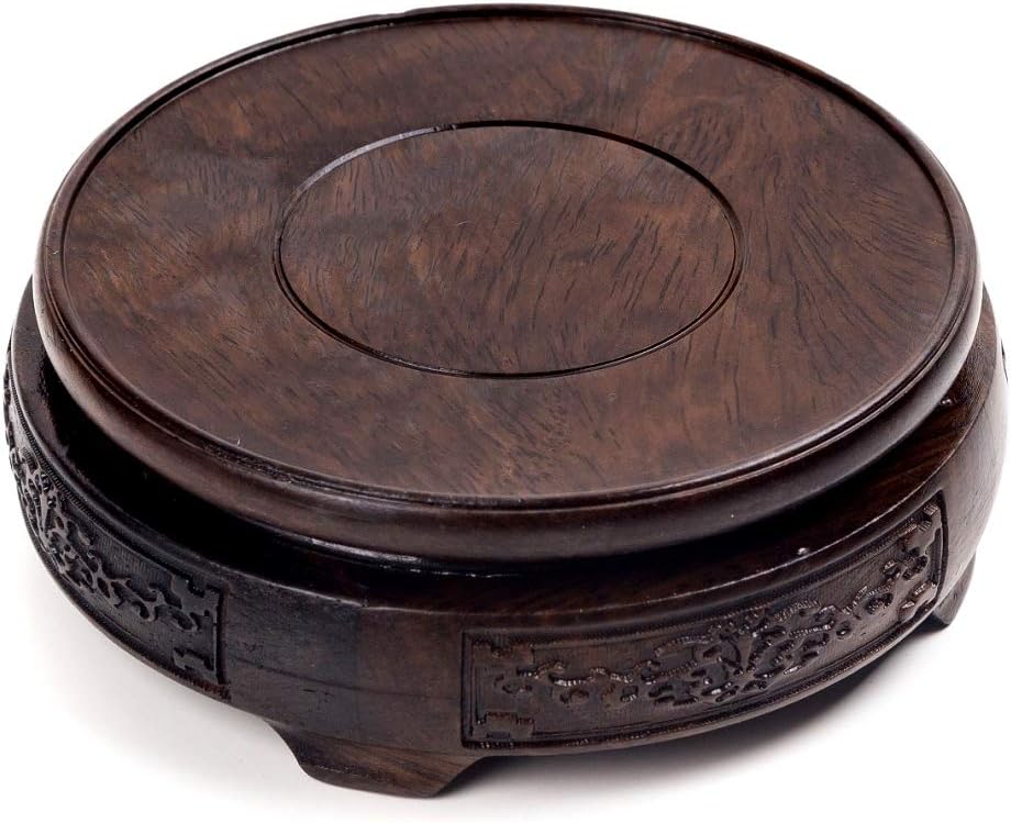 LuoLuo Oriental Furniture Rosewood Mahagony Ebony Wood Wooden Display Stand Pedestal Round Shape with Carved 12.8cm (Inner Diameter) 5cm Height M