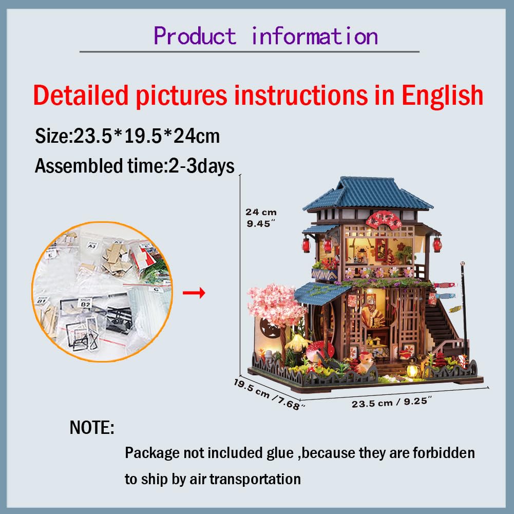 Casa delle bambole fai da te in miniatura, modello puzzle da giardino in legno, villa giapponese a due piani con mobili e luce LED, compleanno creativo