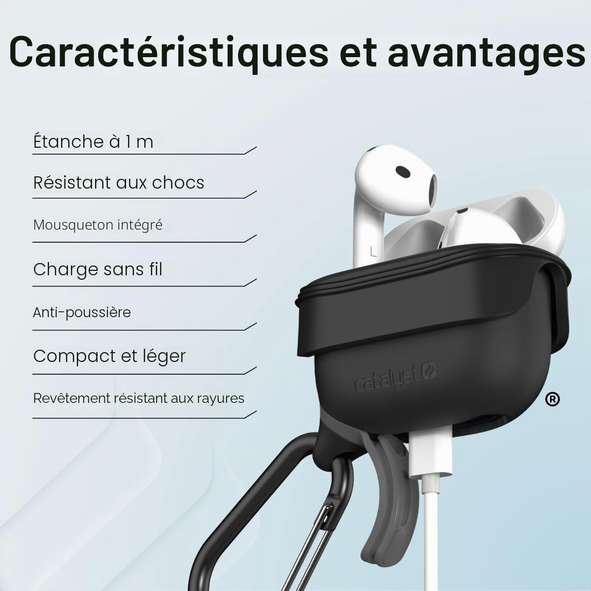 Catalyst Étui Étanche Compatible avec AirPods 4ème Génération - Imperméable, Résistant aux Chocs, aux Rayures et aux Chutes, avec Mousqueton - Noir