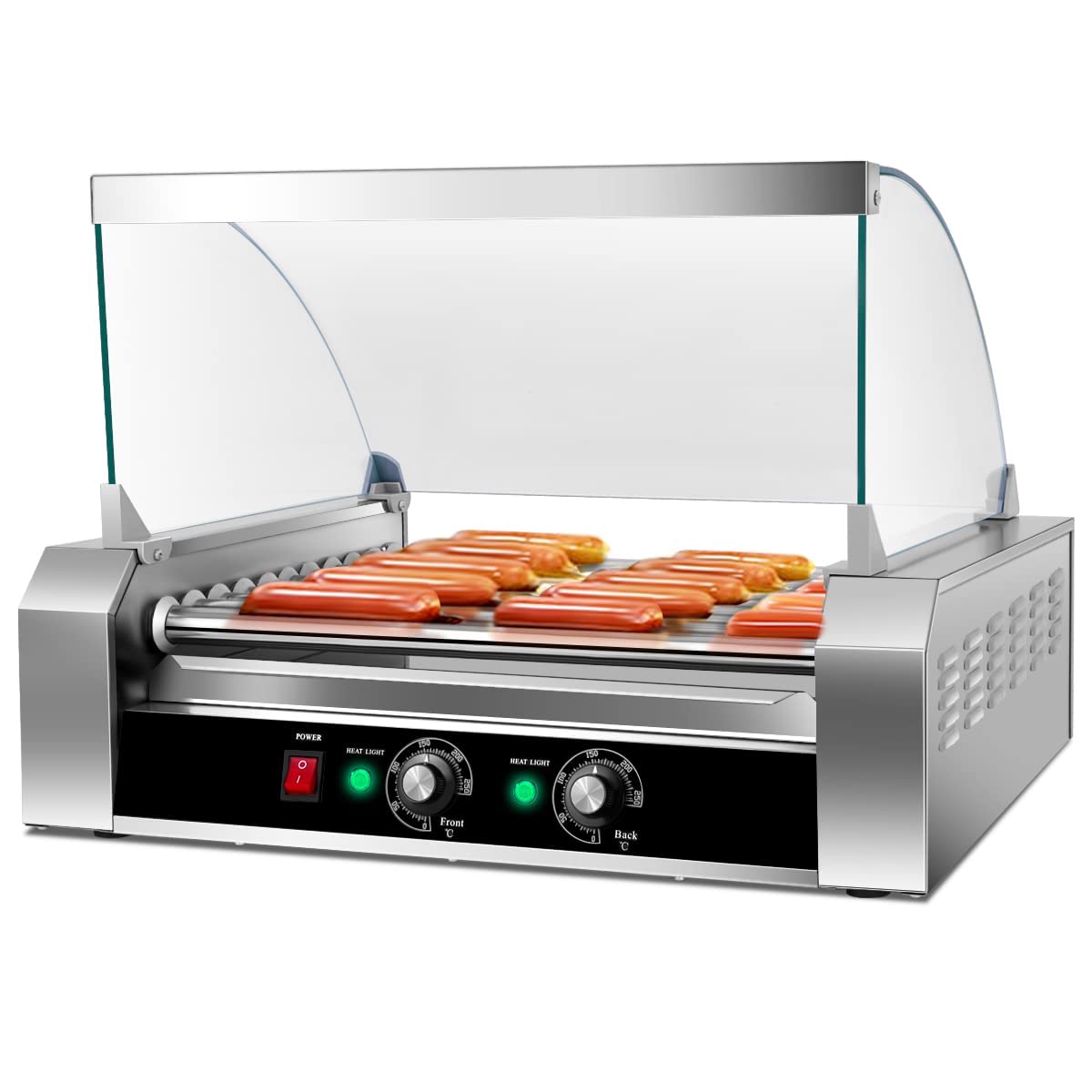 Hot Dog Roller Sausage Grill Cooker 30 Hot Dog Capacidad Hot Dog Cooker Máquina de Hot Dog de Acero Inoxidable con Doble Control de Temperatura Bandeja de Goteo Desmontable