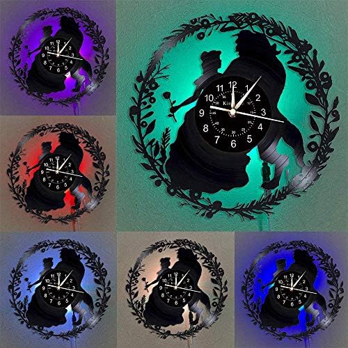 Smotly Vinyl wall clock, beauty and beast 3D wall decoration large clocks, LED colorful lights handmade wall clock gifts. (Gift hook),With light