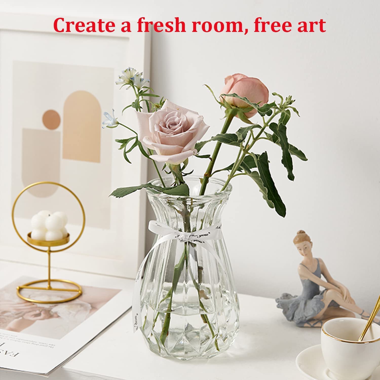 TSKDKIT Clear Glass Vase Decoration Flowers Glass Bottle Thicken Vase with Ribbon Glass Vase for Gift Wedding Living Room Modern Decor(18 x 8cm) - Image 3
