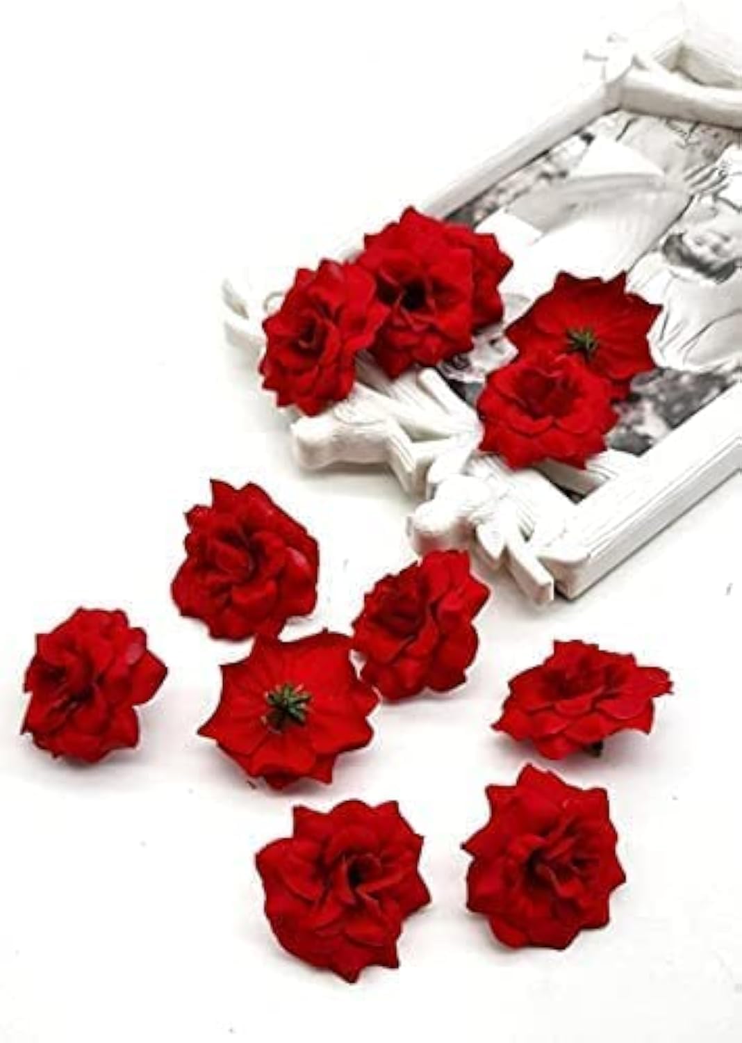 SATYAM KRAFT 12 Pcs Artificial Eden Anniversary Rose Fake Fabric Head Rose Flowers for Home Decor,Gift, Deepawali, Mandir Pooja Table, Diwali, Cake Decoration, Bouquet Making (4 CM) (Red) (B09368WPZ7) Amazon Price History, Amazon Price Tracker