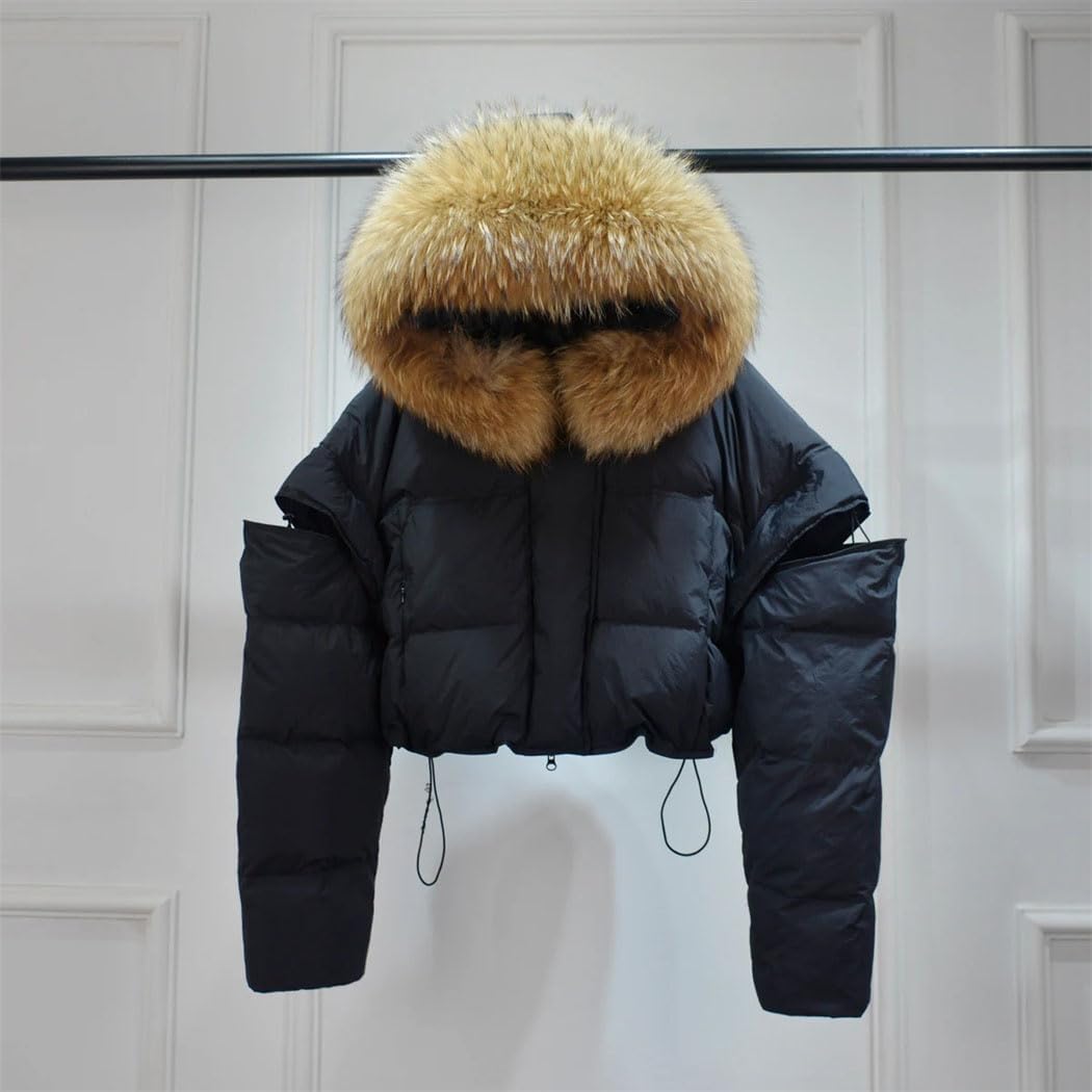 Haitpant Winter Short Hooded Puffer Fur Coat Sleeves Detachable Women Duck Down Jacket Female Parkas