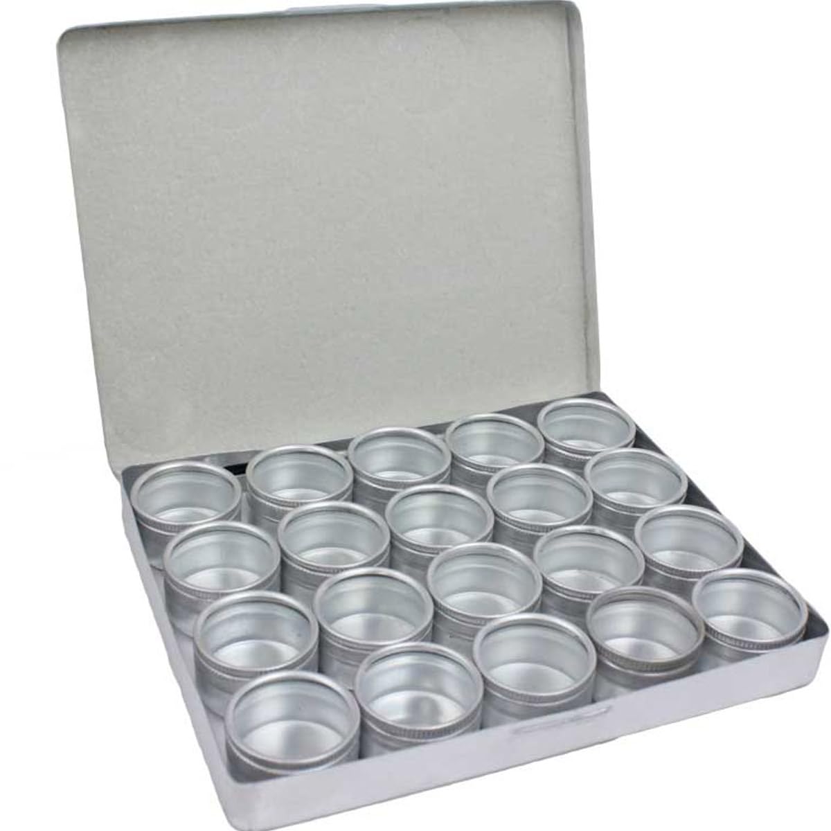 UPTO DATE PRODUCTS Aluminum Storage Box with 20 pieces 32mm Individual Tins with Clear Tops Round Small Aluminum Containers or Storage Box Organizer-image-37