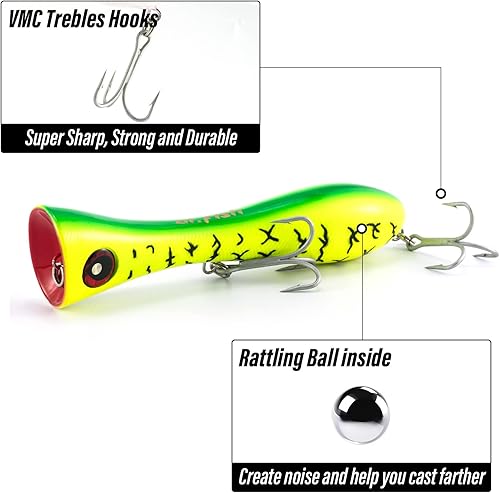 Miniatura 3 de Dr.Fish Topwater Popper Señuelos de pesca de agua salada, 8 pulgadas GT Popper VMC anzuelos agudos señuelos de pesca de surf para Striper Atún
