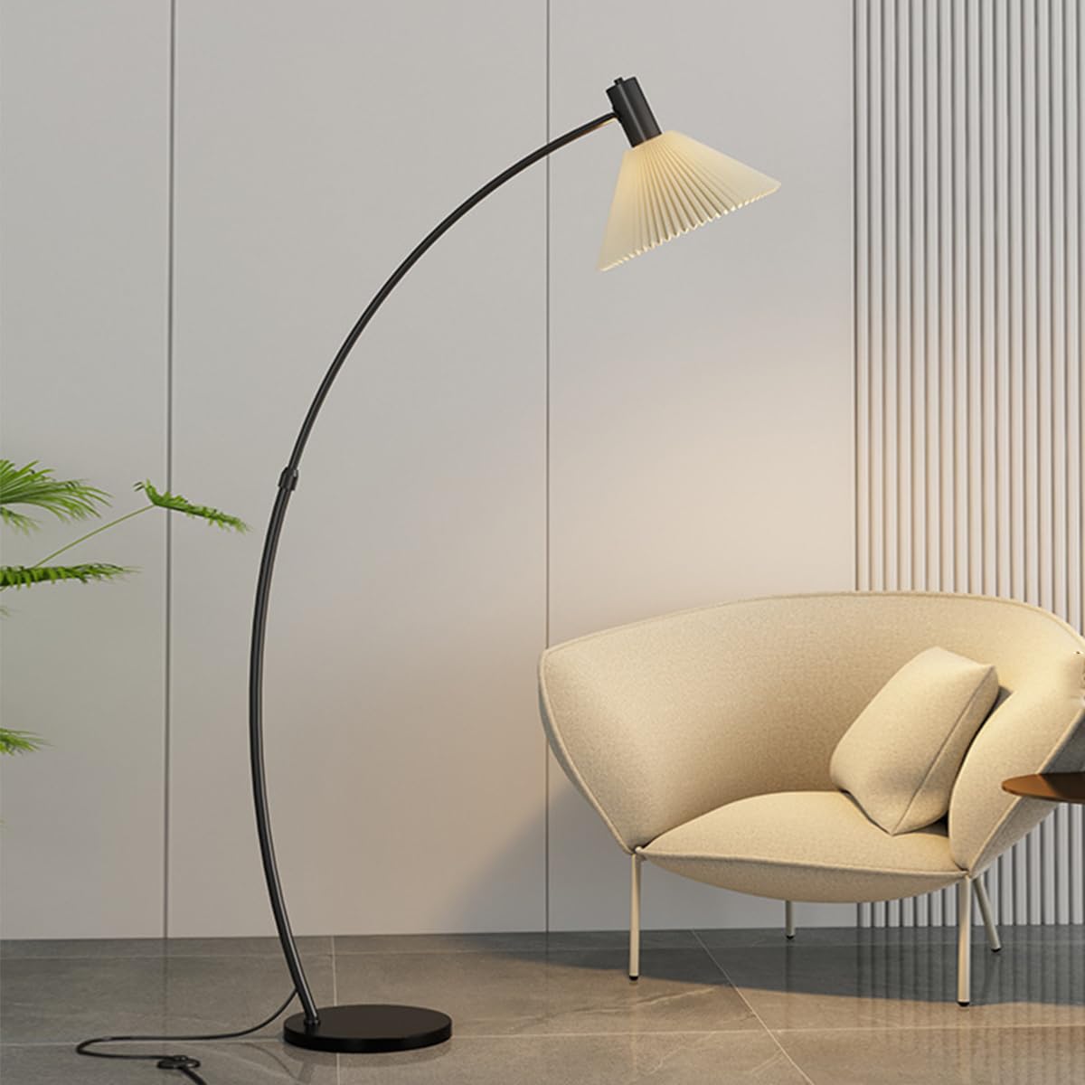 HGJHJJHK Arc Floor Lamp Marble Base Standing Lamp Modern Living Room DecorationTall Floor Lamp Black Tall Pole Lamp with Pleated Lampshade Over Couch Arched Floor Light for Reading Bedroom