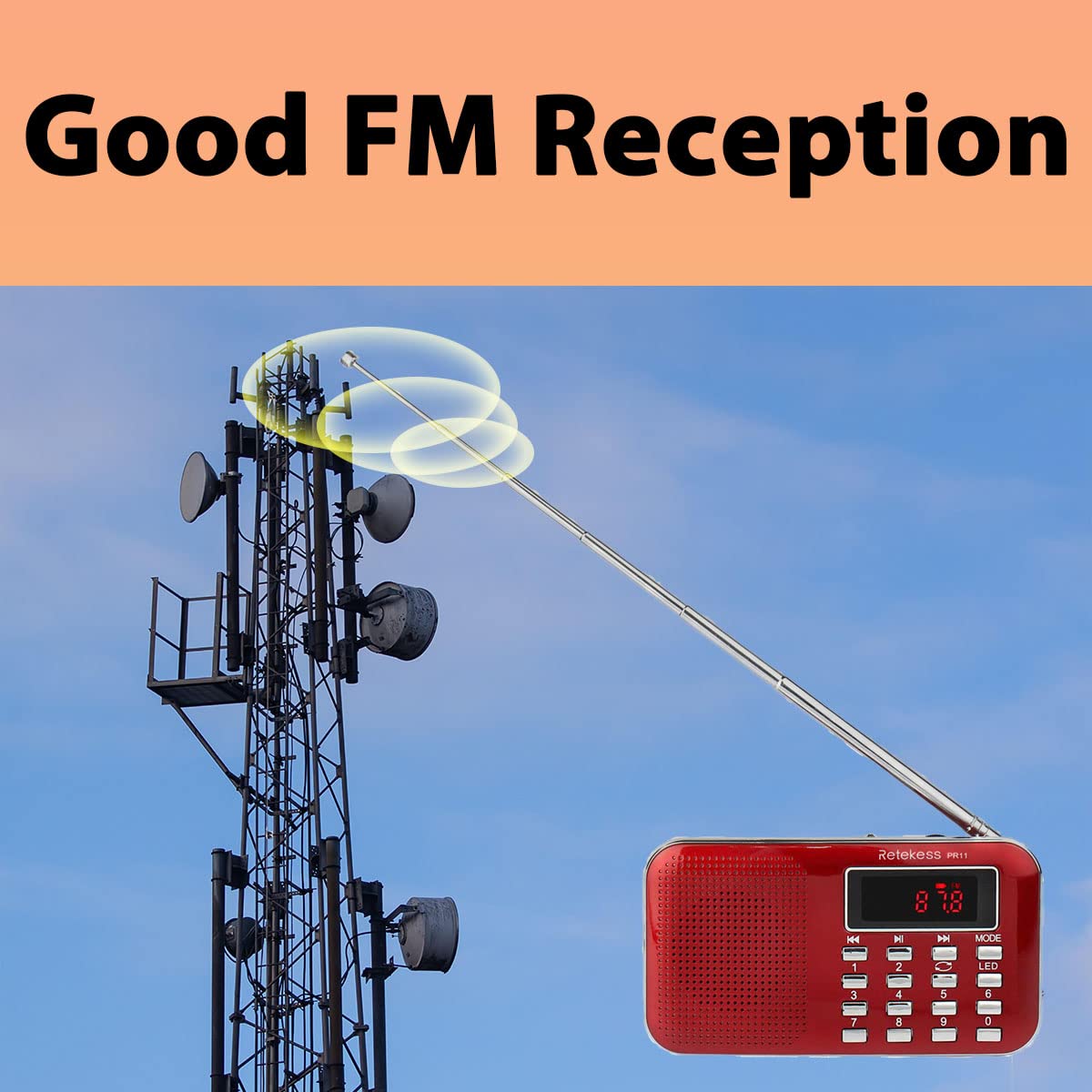 Retekess PR11 Mini Radio Portatile, Radio FM AM, con Altoparlanti, Display LCD, Batteria Ricaricabile, Radiolina Tascabile Supporta unità USB, Scheda TF, AUX (Rosso)