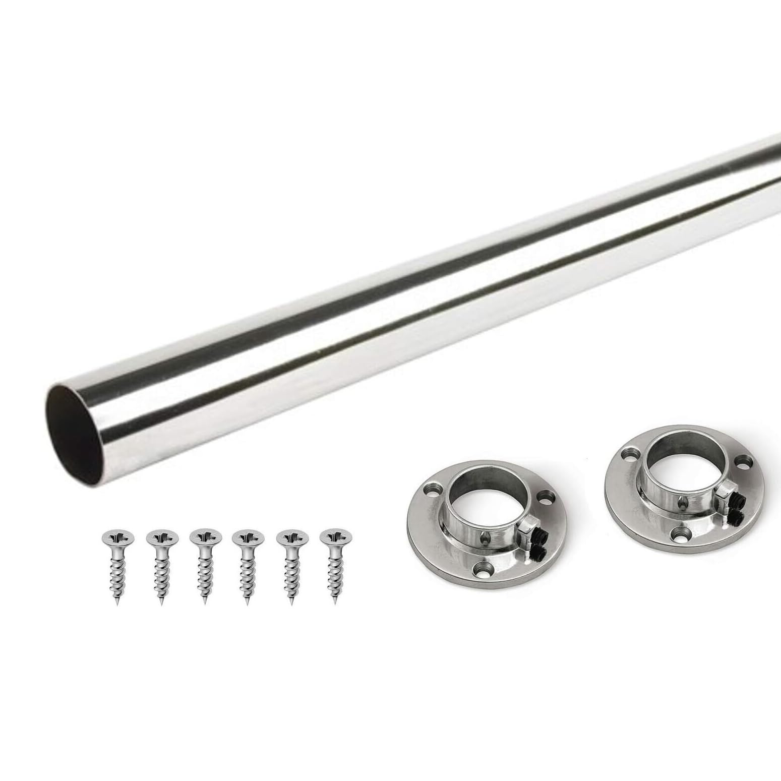 B2C Wardrobe Rail Round Hanging Chrome Gloss Tube 25mm End Supports Screws 3 Lengths Silver (995mm Rail + Brackets)