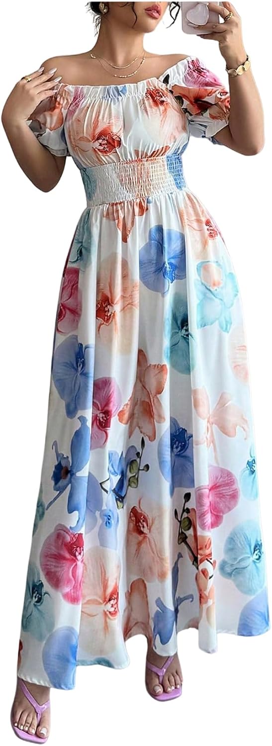 WDIRARA Women's Floral Ruffle Flowy Maxi Dress Square Neck Puff Sleeve Smocked A Line Dresses