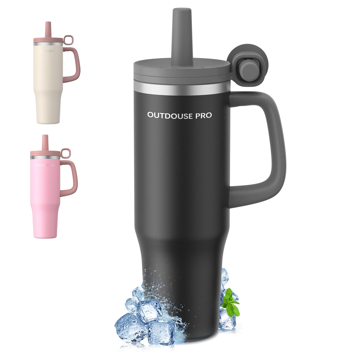 OUTDOUSE PRO Trinkbecher mit Strohhalm 40oz(1.2L), Edelstahl Vakuum-Isoliert Thermobecher, Auslaufsicher Becher mit Deckel, Spülmaschinenfest, BPA Frei Tumbler für Kalte Heiße Getränke, Schwarz