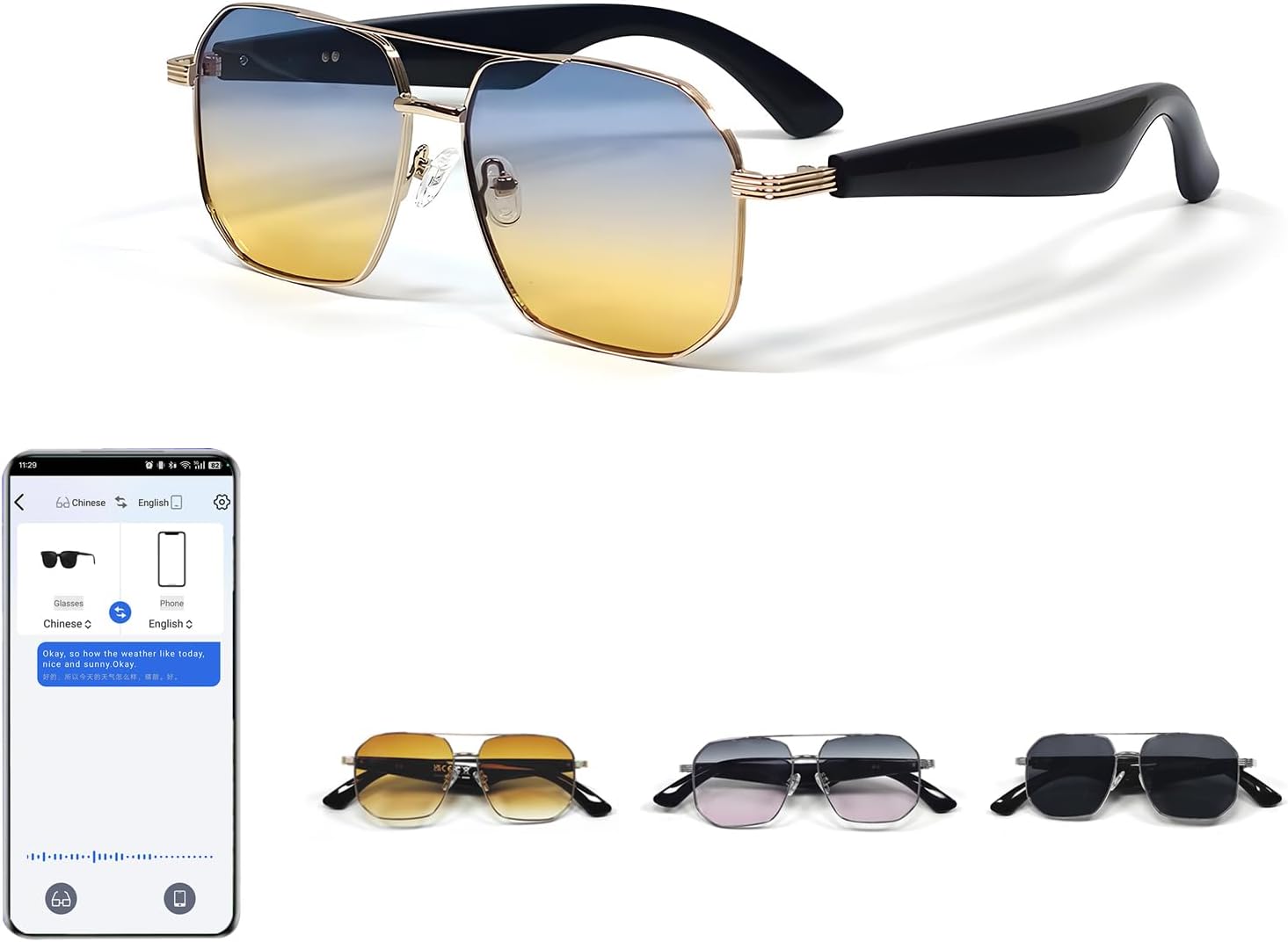 Xmenha AI Smart Bluetooth Sunglasses for Men Women Language Translation Translating Translate Translator Audio Music Glasses Earbuds Device Real Time with Speakers Open Ear Headphones