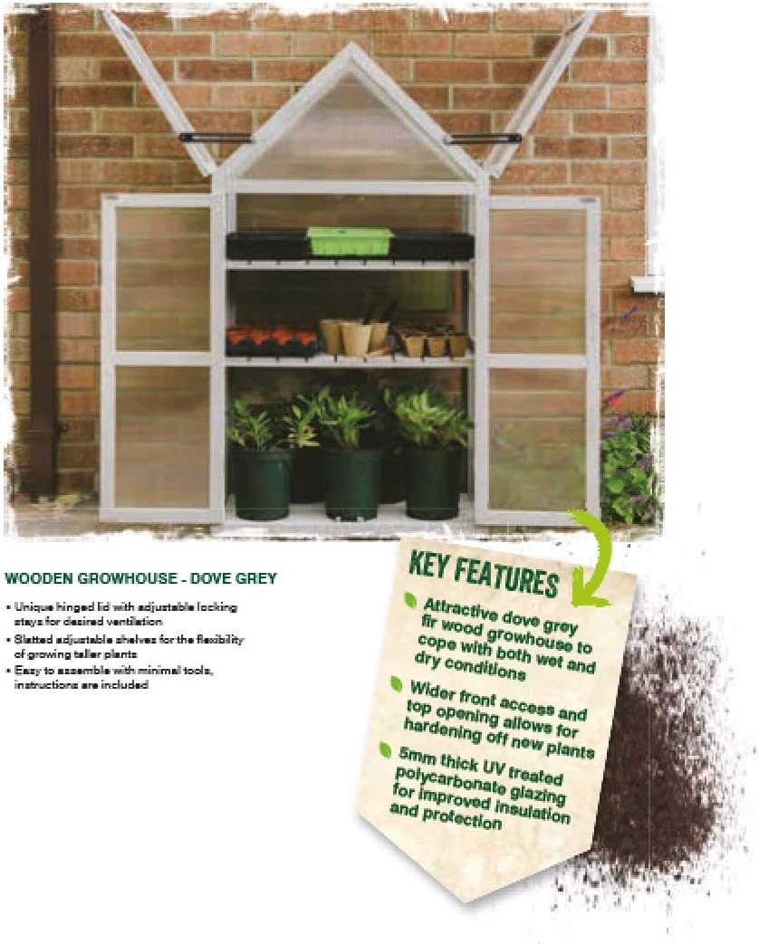 Gardman R70200425 Dove Gray Wooden Growhouse with UV Treated Polycarbonate Glazing and Adjustable Shelves. Dimentions:16" x 28" x 52" inches (LxWxH)