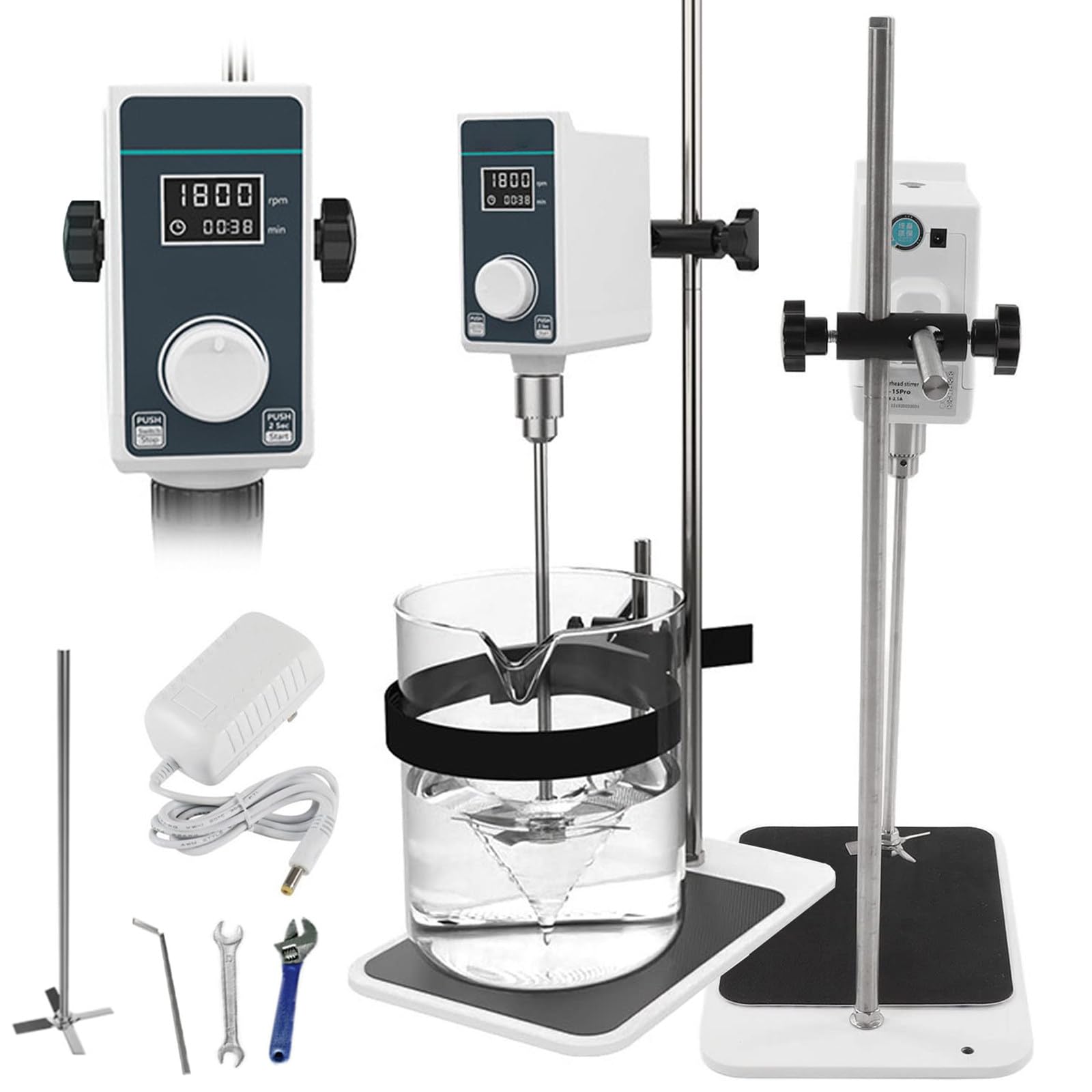 Agitador superior para mezcla de laboratorio, capacidad de 10 l/20 l, velocidad variable de 100-1500/50-1200 rpm, temporizador de 0-24 horas, con sensor de seguridad y abrazadera ajustable